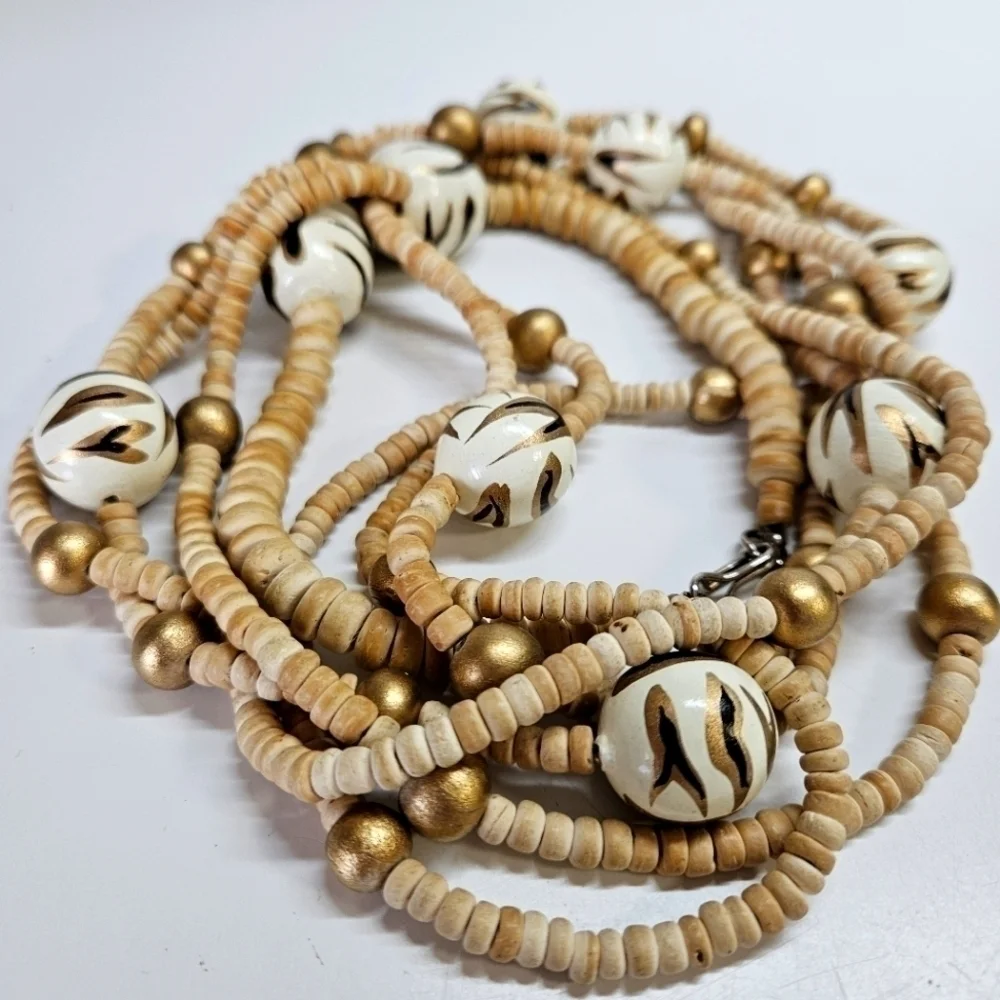 VINTAGE Wooden Animal Print Painted Beaded Statement Necklace